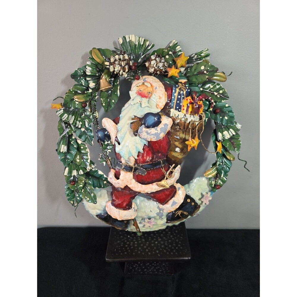 Vtg Metal Christmas Santa Wreath Wall Hanging Hand Painted 3D Layered 14"x13"